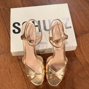 SCHUTZ Metallic Gold Leather Ankle-Strap Sandals